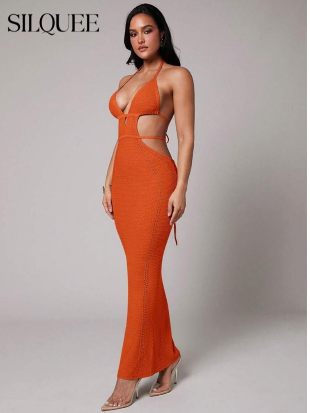 Shein Orange Crochet Backless Maxi Dress - Sz S
